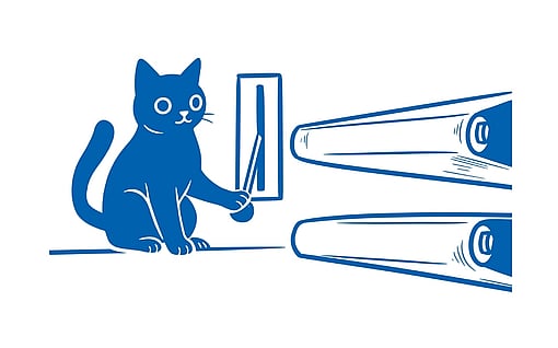 Illustration of a stylised blue cat sitting next to two simplified conveyor belts.